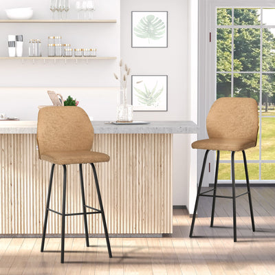 HOMCOM Bar Stools Set of 2, Linen-Touch Upholstered Bar Chairs, Kitchen Stools with Backs and Steel Legs, Light Brown