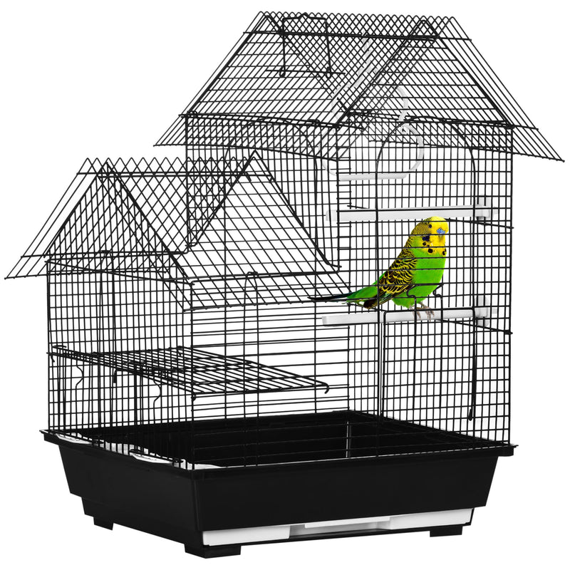 PawHut Metal Bird Cage with Stand for Parrot Cockatiel Budgie Finch Canary Food Containers Swing Ring Tray Handle Small Black 39 x 33 x 47 cm