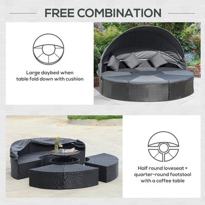 Outsunny 4 Pieces PE Rattan Garden Daybed Set, Outdoor Wicker Cushioned Round Sofa Bed Conversation Furniture with Coffee Table & Canopy, Black