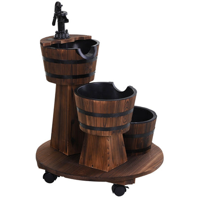 Patio Wooden Water Fountain 3 Barrels Set With Wheels