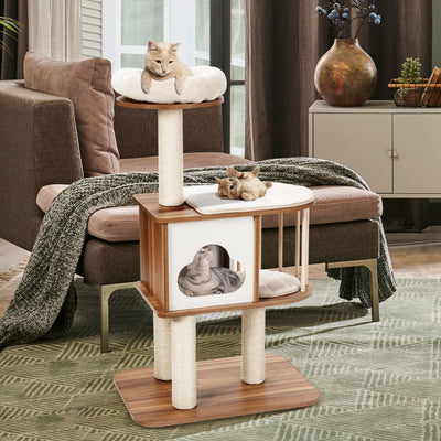 Modern Wooden Cat Tower with Platform-Brown