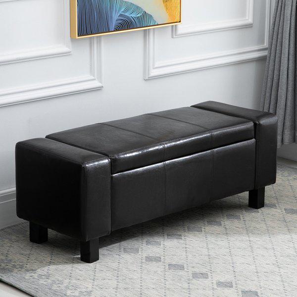 PU Leather Upholstered MDF Ottoman Storage Bench - Black