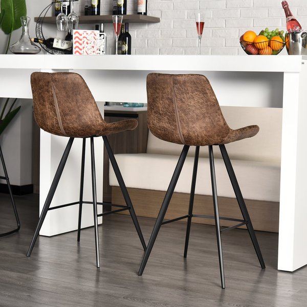 PU Leather Upholstered Twin, Pair Kitchen Bar Stools - Brown