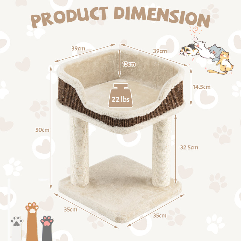 2 Levels Cat Tree with Soft Plush Perch and Scratching Posts-Beige