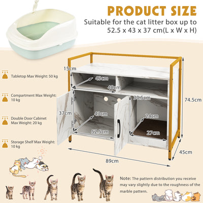 Caja de arena de madera para gatos con compartimentos y tabla para rascar - Mármol blanco