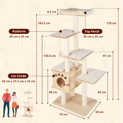 Árbol para gatos de 170 cm de alto con postes rascadores, percha y cojín, color natural