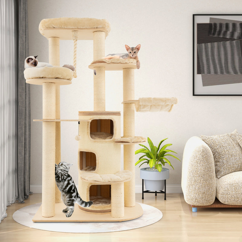 Wooden Cat Tower with 3-story Cat Condo-Beige