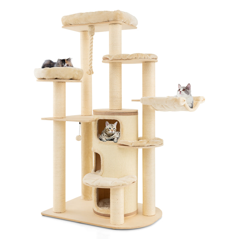 Wooden Cat Tower with 3-story Cat Condo-Beige