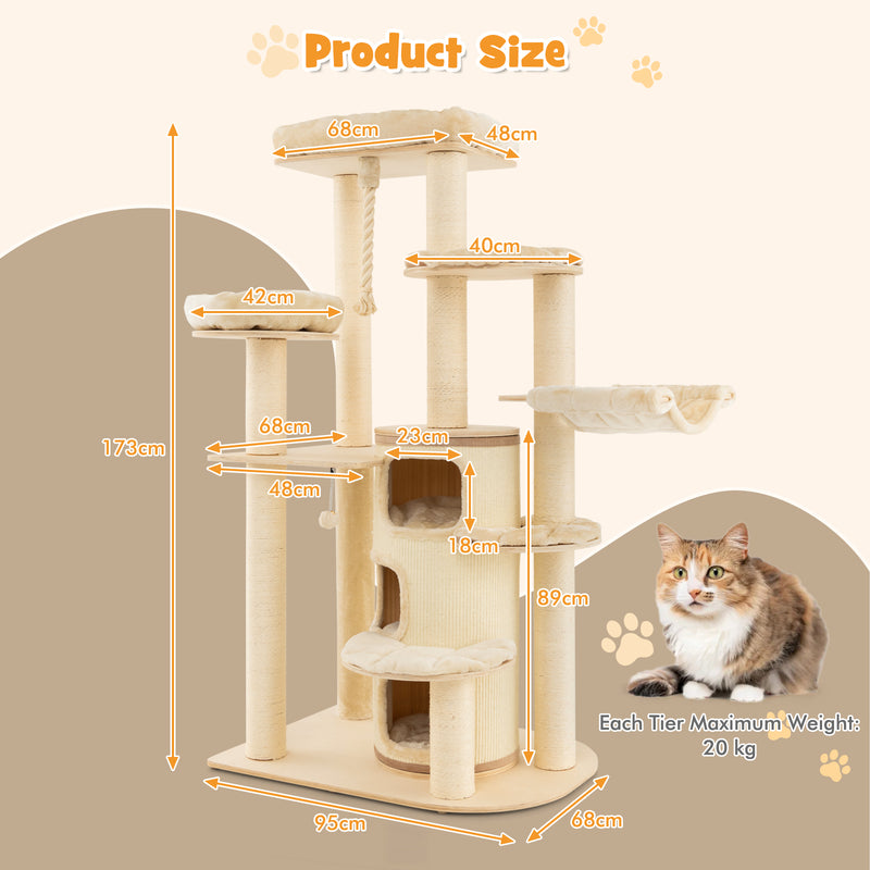 Wooden Cat Tower with 3-story Cat Condo-Beige