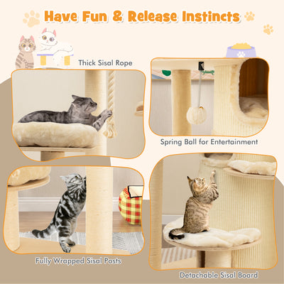 Wooden Cat Tower with 3-story Cat Condo-Beige