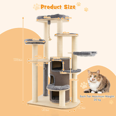 Wooden Cat Tower with 3-story Cat Condo-Grey