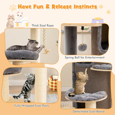 Wooden Cat Tower with 3-story Cat Condo-Grey