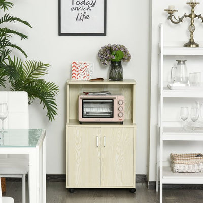 Particle Board Kitchen Pantry Cupboard, Microwave Cabinet W/Rolling Wheels - Oak