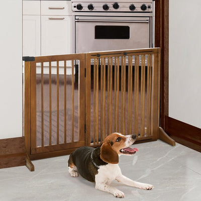 Pine Wood Freestanding 3-Panel Pet Gate - Brown