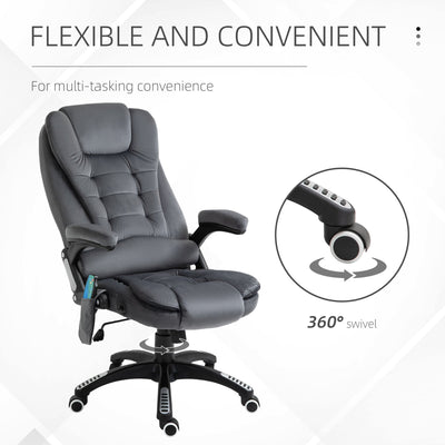 Sillón reclinable de masaje Vinsetto, silla de oficina con calefacción, seis puntos de masaje, tela con tacto aterciopelado, ruedas giratorias de 360°, color gris