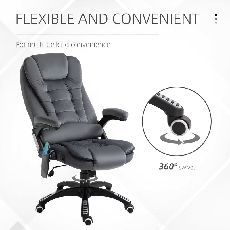 Sillón reclinable de masaje Vinsetto, silla de oficina con calefacción, seis puntos de masaje, tela con tacto aterciopelado, ruedas giratorias de 360°, color gris