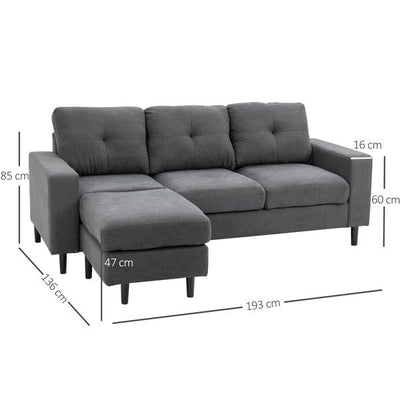 Polyester Upholstered 3-Seater L-Shaped Sofa Grey