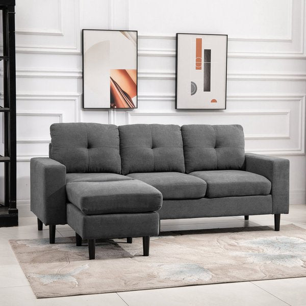 Polyester Upholstered 3-Seater L-Shaped Sofa Grey