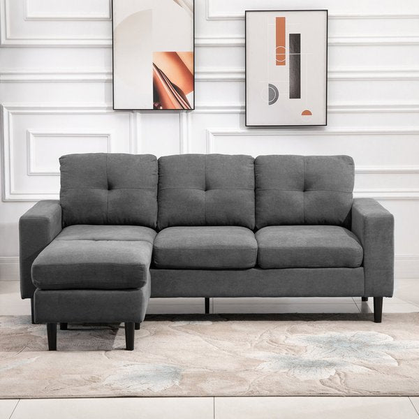 Polyester Upholstered 3-Seater L-Shaped Sofa Grey