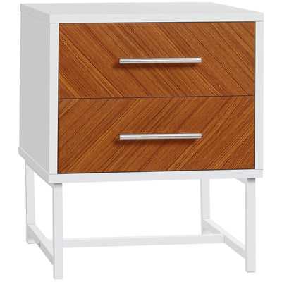 BORO Bedside Table with 2 Drawers and Metal Frame, Sofa Side Table, White and Brown