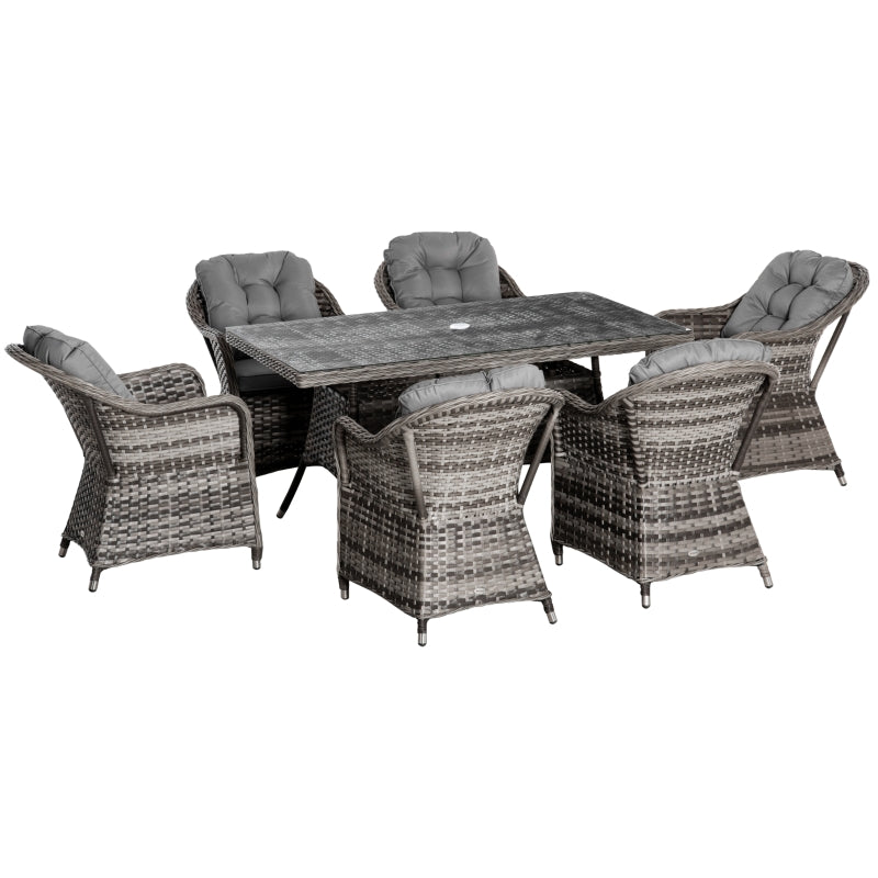 6 Seater Patio Rattan Wicker Dining Set Furniture W/ Tempered Glass And Umbrella Hole