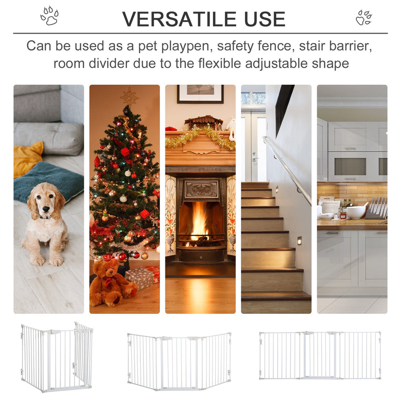 PawHut Pet Safety Gate 3-Panel Playpen Fireplace Christmas Tree Metal Fence Stair Barrier Room Divider w/Walk Through Door, White