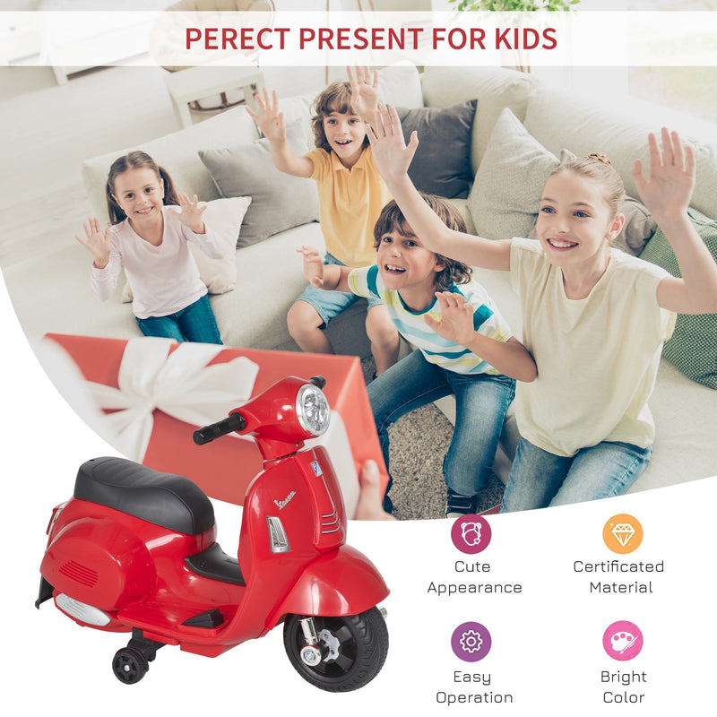 HOMCOM Vespa Licensed Kids Ride On Motorcycle 6V Battery Powered Electric Trike Toys for 18-36 Months with Horn Headlight Red