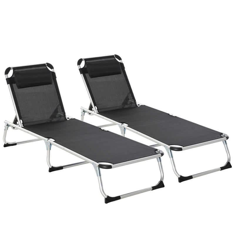 Outsunny 2 Pieces Foldable Sun Lounger with Pillow, 5-Level Adjustable Reclining Lounge Chair, Aluminium Frame Camping Bed Cot, Black