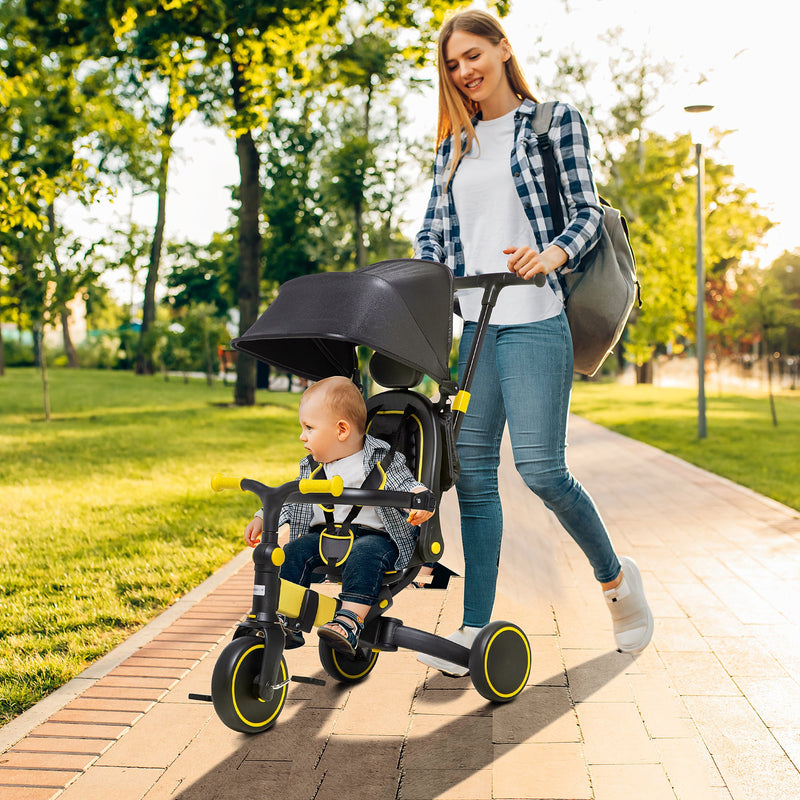 AIYAPLAY 3-in-1 Tricycle for Kids with Aluminium Frame, Baby Trike with Adjustable Push Handle, Canopy and Seat Angle for 18-48 Months, Yellow