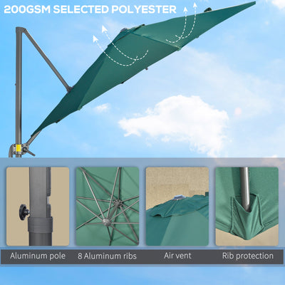 Outsunny 3 x 3(m) Cantilever Parasol with Cross Base, Garden Umbrella with 360° Rotation, Crank Handle and Tilt for Outdoor, Patio, Green