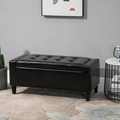 PU Leather Storage Ottoman Bench , Black