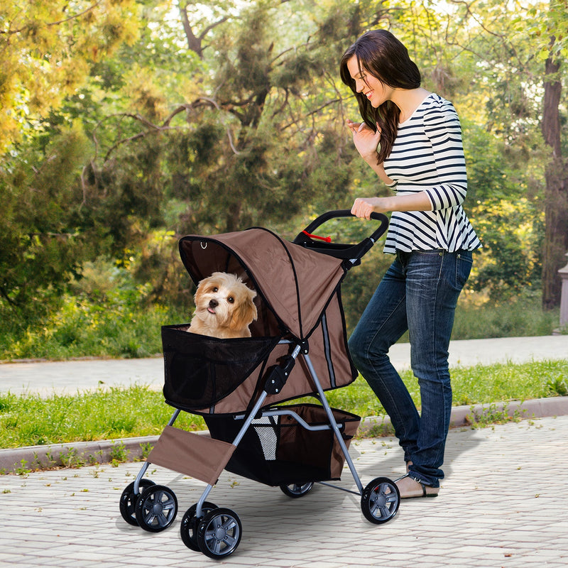 PawHut Dog Pram Pet Stroller Foldable Dog Pushchair with Wheels Zipper Entry Cup Holder Storage Basket Brown