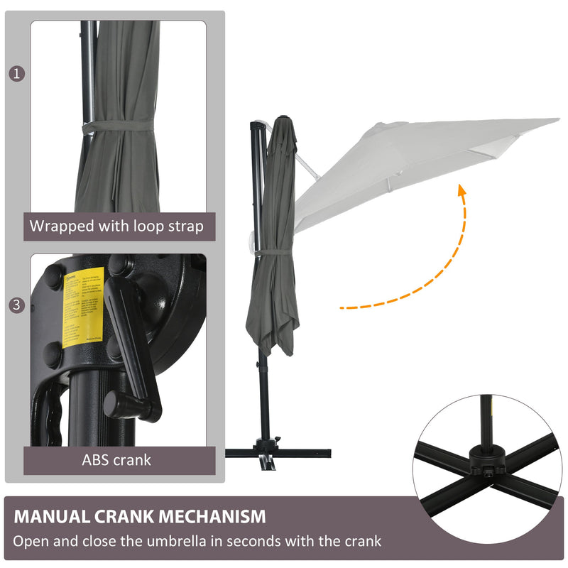 Outsunny 2.5 x 2.5m Patio Offset Parasol Cantilever Umbrella Sun Shade Canopy Shelter 360° Rotation with Crank Handle and Cross Base, Grey