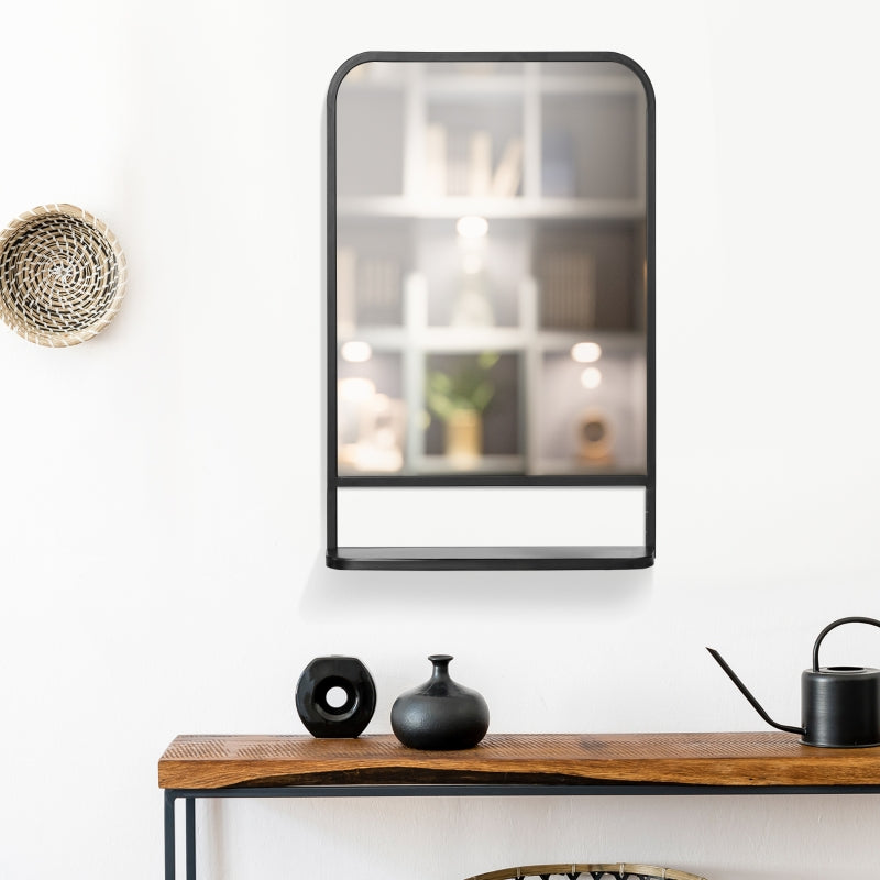 Square Wall Mirror With Storage Shelf, Living Black