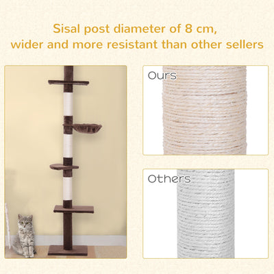 Árbol para gatos PawHut de piso a techo para gatos de interior, torre para gatos de 5 niveles, centro de actividades para escalar, poste rascador, altura ajustable de 230 a 260 cm, color marrón