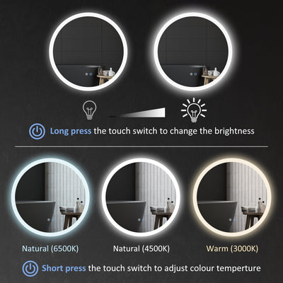 kleankin Round Bathroom Mirror with LED Lights, Wall-Mounted Dimmable Makeup Mirror with 3 Temperature Colours, Defogging Film, Memory Function, Hardwired, 60 x 60 cm