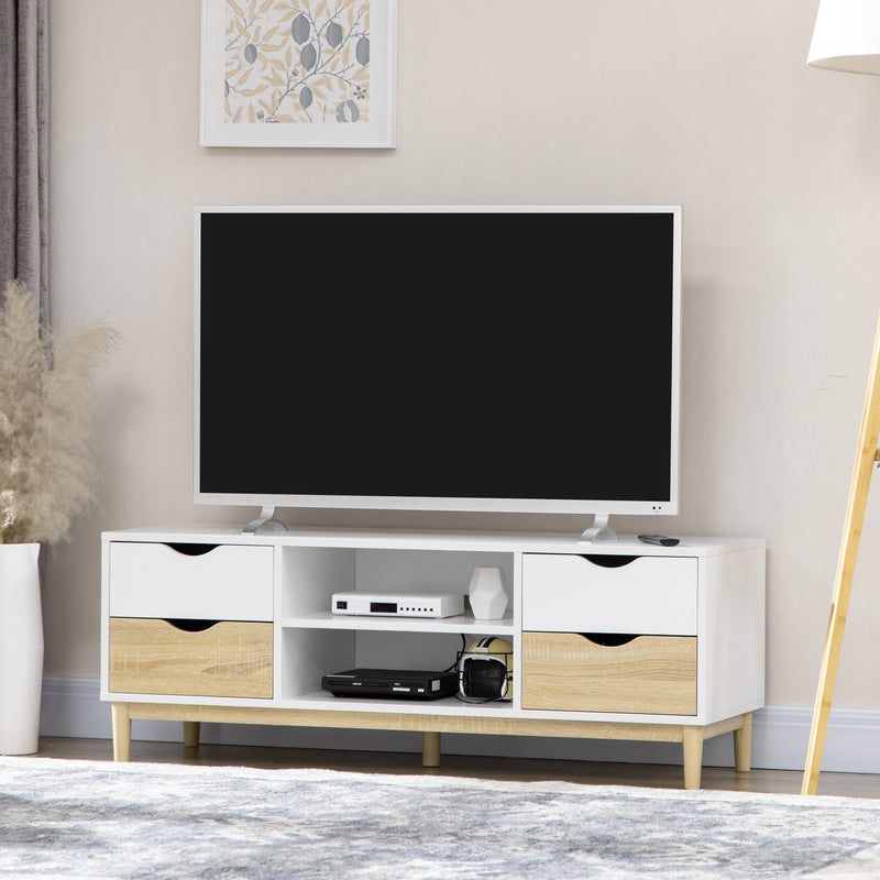 Modern TV Stand Unit for TVs up to 55" with Storage Shelves and Drawers, 120cmx40cmx44.5cm, White and Natural