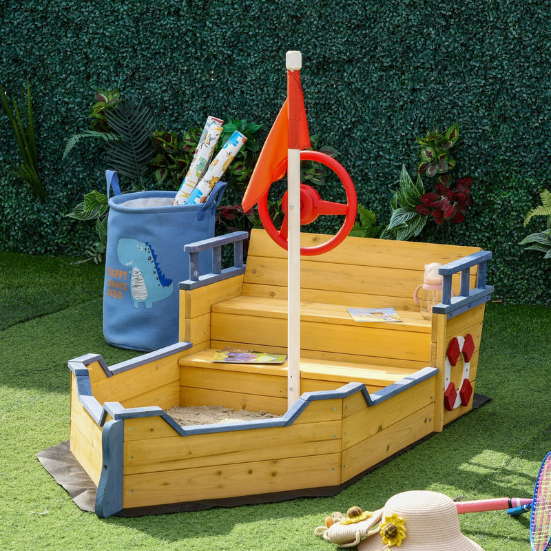 Outsunny Kids Wooden Sandpit Children Sandbox Pirate Ship Sandboat Outdoor Backyard Playset Play Station w/ Bench Bottom Liner