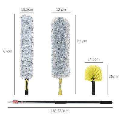 HOMCOM Extendable Feather Duster with Telescopic Pole 3.5m/11.5ft, Microfiber Duster Cleaning Kit with Bendable Head for Cleaning High Ceiling Fans