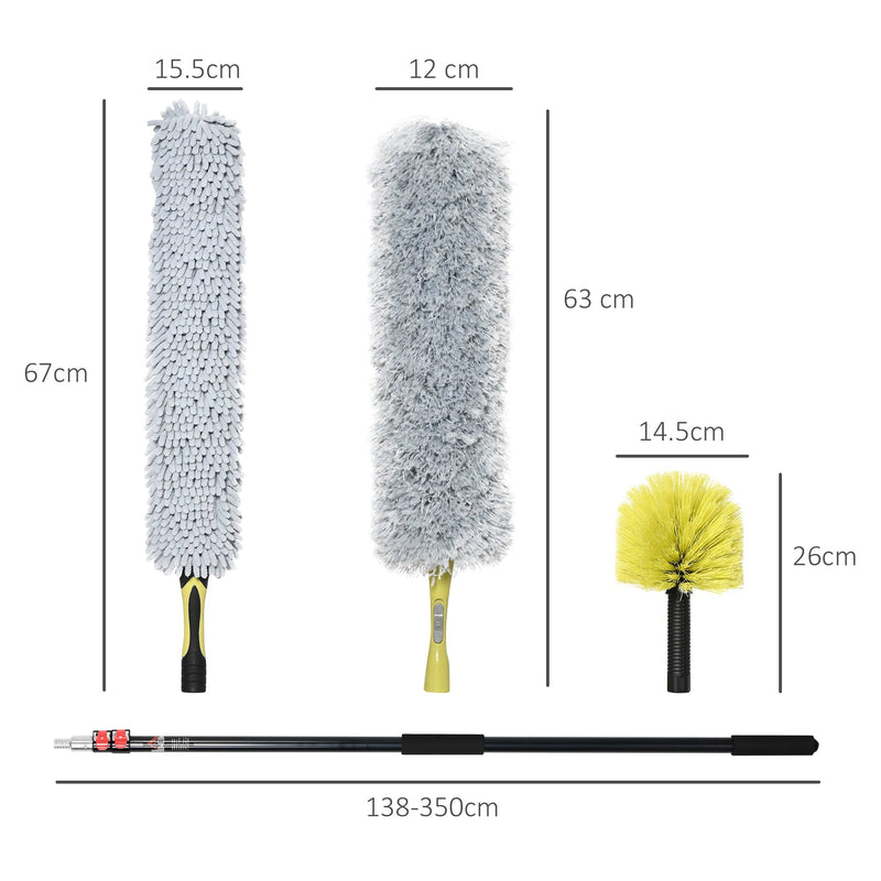 HOMCOM Extendable Feather Duster with Telescopic Pole 3.5m/11.5ft, Microfiber Duster Cleaning Kit with Bendable Head for Cleaning High Ceiling Fans