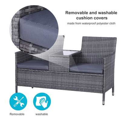 2-Seater PE Rattan Outdoor Garden Bench W/ Centre Table Grey