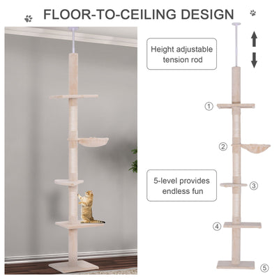 PawHut Floor to Ceiling Cat Tree 5-Tier Kitty Tower Activity Center Scratching Post 230-260cm