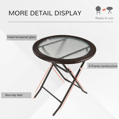 Folding Round Tempered Glass Metal Table With Brown Rattan Edging