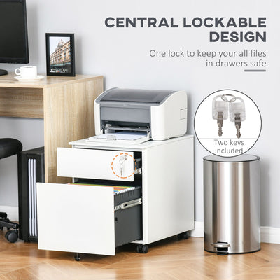 Vinsetto Vertical File Cabinet Steel Lockable with Pencil Tray and Casters Home Filing Furniture for A4, Letters and Legal-sized Files, White