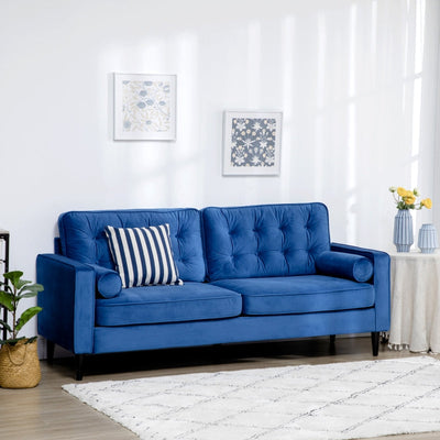 Three-Seater Velvet-Feel Sofa, With Pillows - Blue