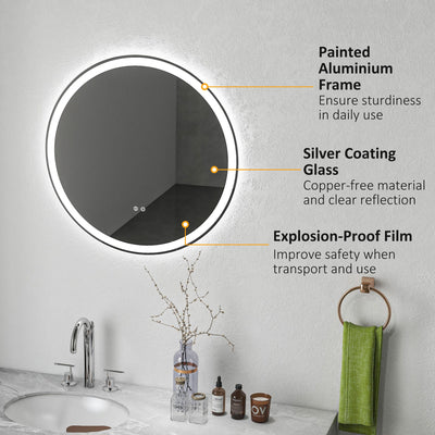 kleankin Round Bathroom Mirror with LED Lights, Wall Mount Dimmable Makeup Mirror with 3 Temperature Colours, Defogging Film, Memory Function and Aluminium Frame, Hardwired, 70 x 70 cm