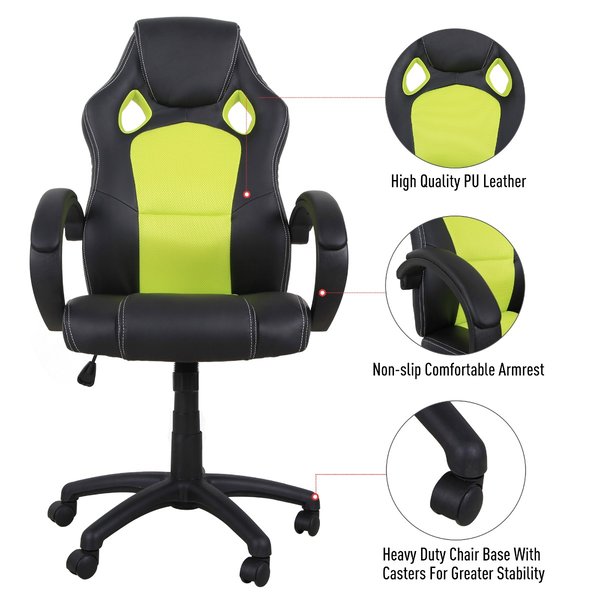 PU Leather Home Office Gaming Chair W/ Adjustable Height - Black/Green