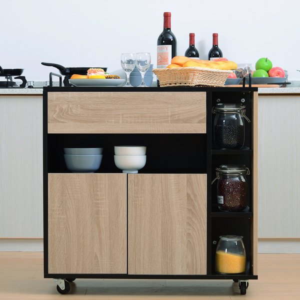 Rolling Kitchen Island, 76.5Wx40Dx82H Cm - Oak/Black Colour