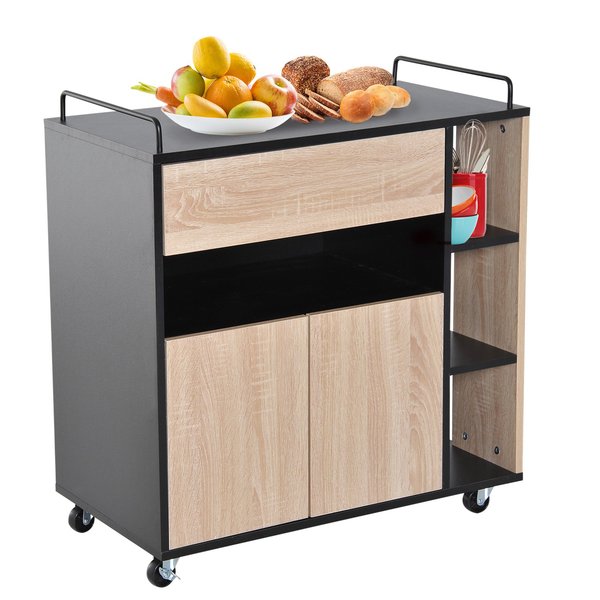 Rolling Kitchen Island, 76.5Wx40Dx82H Cm - Oak/Black Colour