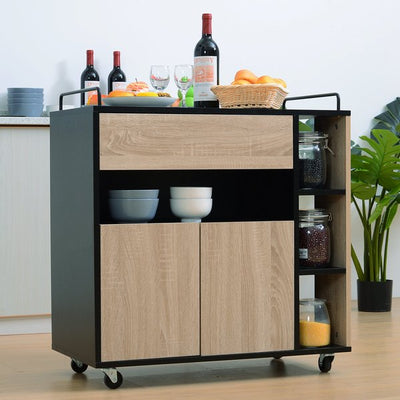 Rolling Kitchen Island, 76.5Wx40Dx82H Cm - Oak/Black Colour